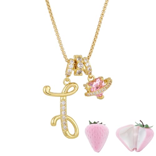Initial Letter Necklace with Pink Heart Charm, Sparkling Zircon Alphabet Pendant in Gold or Silver Tone, Sweet Style Jewelry with Gift Box, Letter Chain for Daily Wear and Gift - color: Gold+Pink Box, size: #I