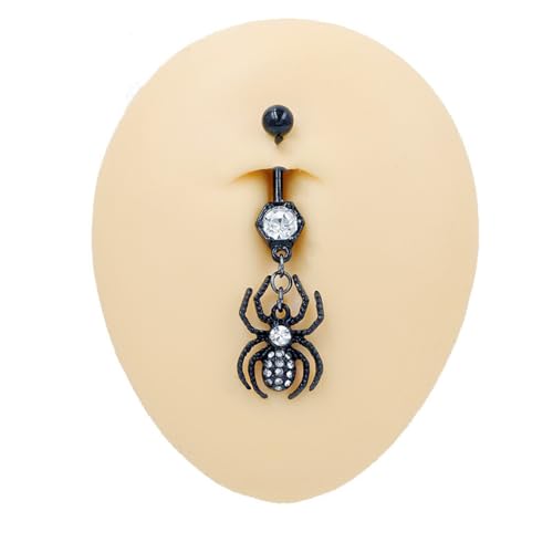 14G Black Spider Dangle Belly Button Ring for Women Rhinestone Crystal with Gothic Dangling Spider Belly Navel Rings Halloween Body Piercing Jewelry - color: White
