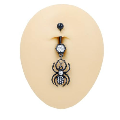 14G Black Spider Dangle Belly Button Ring for Women Rhinestone Crystal with Gothic Dangling Spider Belly Navel Rings Halloween Body Piercing Jewelry - color: White