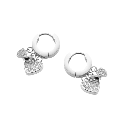Women's Huggie Hoop Earrings with Small Cute Charm - style: Silver Two Hearts CZ