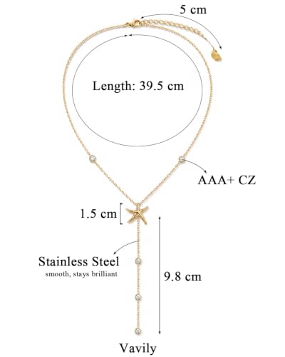 14K Gold Plated Lariat Necklace for Women, Dainty Star Drop Long Necklaces CZ Y-Shaped Pendant Necklaces for Women Trendy Jewelry - color: starfish