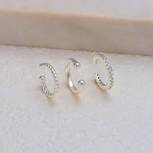 Carffordo 3Pcs Ear Cuffs Non Piercing for Women, Dainty Clip on Earrings | Trendy 14K Gold Plated Ear Cuff with Cubic Zirconia, Fake Piercing Cartilage Earrings, Lightweight Jewelry for Daily Wear - color: 02-Silver Ear Cuff