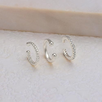 Carffordo 3Pcs Ear Cuffs Non Piercing for Women, Dainty Clip on Earrings | Trendy 14K Gold Plated Ear Cuff with Cubic Zirconia, Fake Piercing Cartilage Earrings, Lightweight Jewelry for Daily Wear - color: 02-Silver Ear Cuff