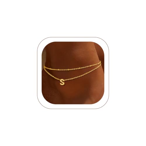 FaithHeart Initial Ankle Bracelets for Women, Waterproof 14k Gold Plated Initial Anklets Non Tarnish Stainless Steel Cute Layered Anklet Summer Beach Jewelry - color: Gold, size: Initial S
