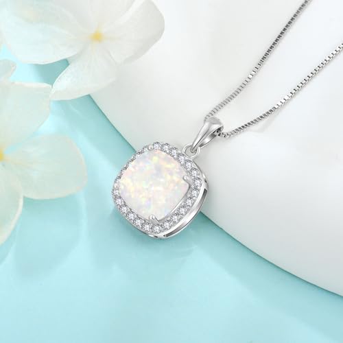 Birthstone Necklace for Women 925 Sterling Silver Princess Cut Halo Necklace Pendant Jewelry for Mom Wife - color: Miky White