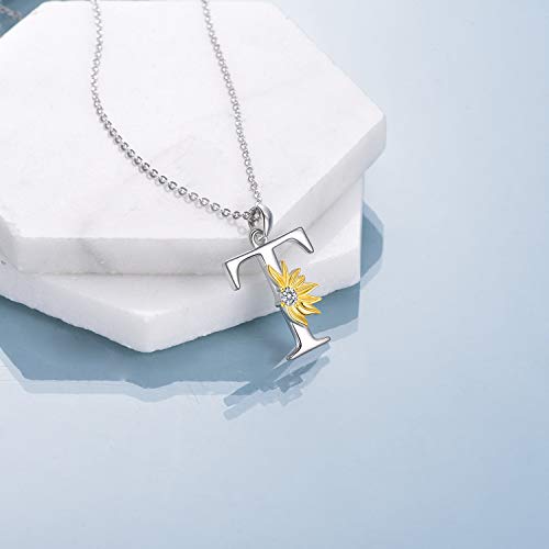 POPLYKE Initial Sunflower Necklace for Women 925 Sterling Sliver Sunflower Pendant Necklace Letter Initial Pendant Chain - style: Sunflower T