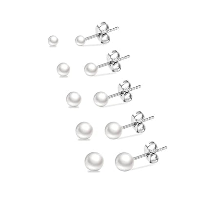 Small Pearl Stud Earrings, 5 Pairs Hypoallergenic Stainless Steel Simulated Pearl Earrings for Women, Lightweight Round Ball Studs Set 3-7MM Birthday Valentine's Day Jewelry Gifts