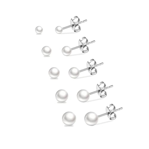 Small Pearl Stud Earrings, 5 Pairs Hypoallergenic Stainless Steel Simulated Pearl Earrings for Women, Lightweight Round Ball Studs Set 3-7MM Birthday Valentine's Day Jewelry Gifts
