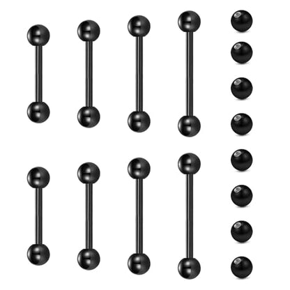 VCMART Nipple Rings Tongue Rings Stainless Steel 14G Straight Barbells Piercing Jewelry 12mm,14mm,16mm,18mm - color: 2 -black with replacement balls