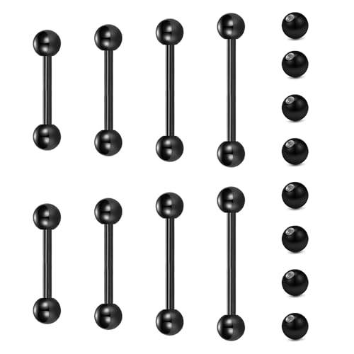 VCMART Nipple Rings Tongue Rings Stainless Steel 14G Straight Barbells Piercing Jewelry 12mm,14mm,16mm,18mm - color: 2 -black with replacement balls