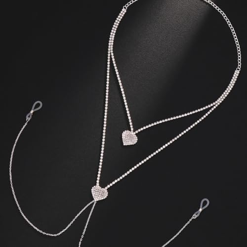 Rhinestone Heart Body Chain Sparkling CZ Paved Heart Choker Nipple Noose Body Chains Sexy Non Piercing Fake Nipple Rings Bra Chest Chains Summer Beach Bikini Nightclub Body Jewelry