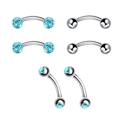 6pc 16G 6/8/10mm Bar Surgical Steel Curved Barbell Coated Crystal Eyebrow Ring Ear Body Piercing Jewelry Set - color: lake blue