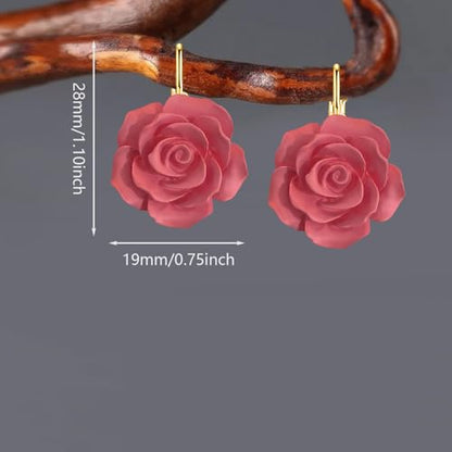 Handmade Bohemian Aesthetic Dainty Acrylic Flower Petal Leverback Earrings Sparkly 14K Gold Floral Dangle Drop Earrings for Women - color: Dark Pink