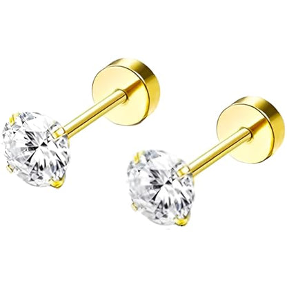 Stainless Steel Stud Earring 1 Pair Gold Flatback Earrings Hypoallergenic Screwback Jewellery Flat Back Helix Jewelry for Sensitive Ears Women Ladies Aretes De Mujer - style: Zircon 5 mm