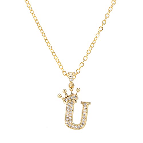 Pingyongchang Letter A-Z pendant necklace Crown letter pendant Charming initials chain necklace, inlaid crystal letter necklace - color: crown-U