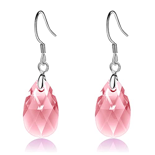 Austrian Crystal Teardrop Drop Earrings for Women, French Hook | 925 Sterling Silver Hook, Crystal Dangle Earrings, Sparkly Teardrop Stone, Lightweight Feel, Day-To-Evening Wear - color: Pink