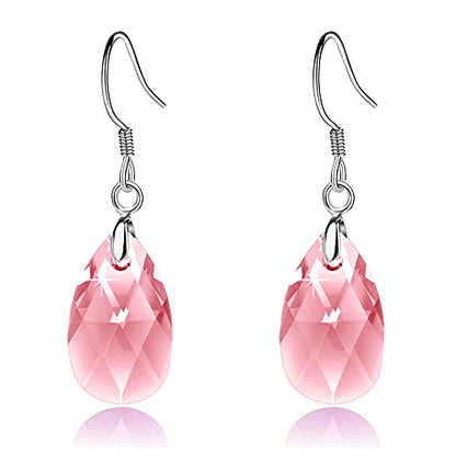 Austrian Crystal Teardrop Drop Earrings for Women, French Hook | 925 Sterling Silver Hook, Crystal Dangle Earrings, Sparkly Teardrop Stone, Lightweight Feel, Day-To-Evening Wear - color: Pink