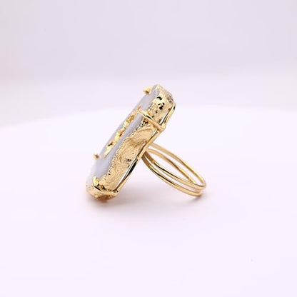 Ring Geode Druzy Slice Unique And Stylish Statement Gold Plated Jewelry Natural Gemstone Stone size 25-35 mm Approximately Adjustable Shank US Scale Size 6-9 - color: Gray, 8