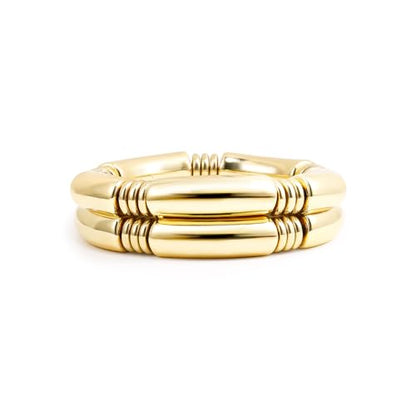 Gold Chunky Bangles Bracelets For Women 14k Gold Plated Stack Layered Curved Bamboo Tube Stretch Bracelets Gift Jewelry - color: 2pcs Gold