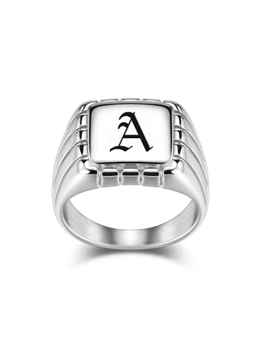 Zysta Personalized Signet Rings for Men Stainless Steel Engraved Ring Custom Initial Rings Mens Ring Customized Letter Memorial Gifts for Him Dad Father Husband Size 8-13 - color: Silver