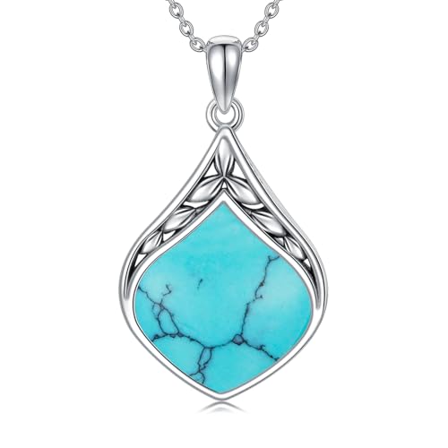 HPQQ Teardrop Necklace 925 Sterling Silver Vintage Natural Gemstone Pendant Jewelry Birthday Mothers Day Gifts for Women Mom - color: Turquoise