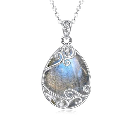 YAFEINI 925 Sterling Silver Moonstone Necklace Filigree Teardrop Pendant Necklace Jewelry for Women Girls - color: AA-Labradorite Filigree Necklace