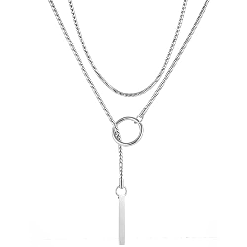 Slip Chain Necklaces for Women Stainless Steel Bar Pendant Choker Necklace Boho Handmade Long Lariat Necklace Silver Statement Punk Rock Collar Jewelry - style: Layering