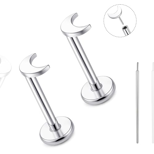 limerencia Titanium Threadless Flat Back Earrings Stud Piercing Jewelry | 20G Press Fit Titanium Push Pop in Cartilage Tragus Labret Lip Medusa Conch Piercing Jewelry Hypoallergenic for Women Men - style: Moon Silver