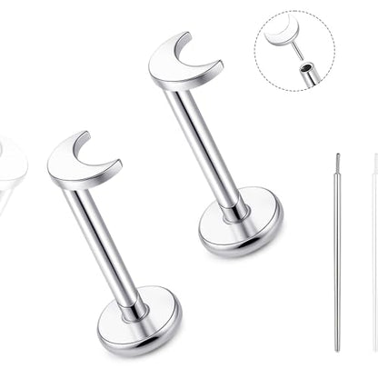 limerencia Titanium Threadless Flat Back Earrings Stud Piercing Jewelry | 20G Press Fit Titanium Push Pop in Cartilage Tragus Labret Lip Medusa Conch Piercing Jewelry Hypoallergenic for Women Men - style: Moon Silver