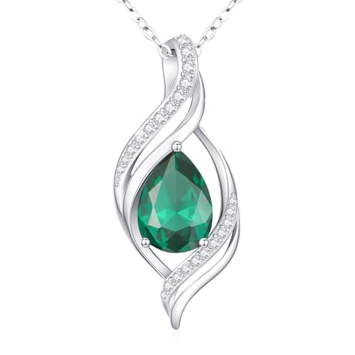 Birthstone Necklace for Women S925 Sterling Silver Teardrop | With Cubic Zirconia and Gemstones - Ideal Birthday Jewelry Gift for Her, Girlfriend, Wife, Mom on Birthday, Anniversary - color: 05 - Emerald
