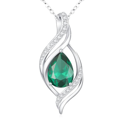 Birthstone Necklace for Women S925 Sterling Silver Teardrop | With Cubic Zirconia and Gemstones - Ideal Birthday Jewelry Gift for Her, Girlfriend, Wife, Mom on Birthday, Anniversary - color: 05 - Emerald