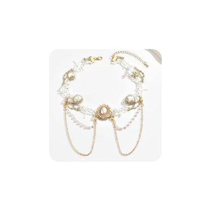Gothic Lace Choker Necklace for Women, Pearl Sexy Tassel Adjustable Choker Necklace, Boho Halloween Jewelry for Festival Party Cosplay Costume Gifts - color: white Gold Pearl CZ