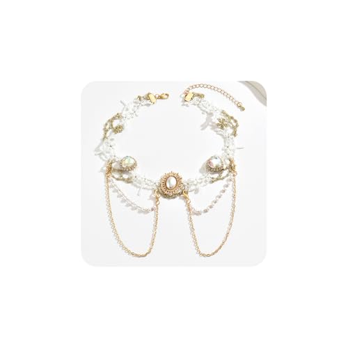Gothic Lace Choker Necklace for Women, Pearl Sexy Tassel Adjustable Choker Necklace, Boho Halloween Jewelry for Festival Party Cosplay Costume Gifts - color: white Gold Pearl CZ