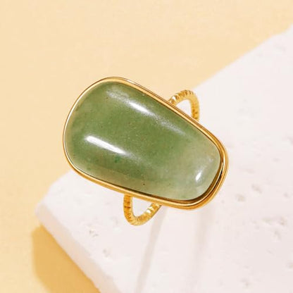 OIDIMS Gemstone Statement Ring for Women Gold-Tone Stainless Steel Natural Stone Rose Quartz Aventurine Turquoise Adjustable Open Band Stacking Finger Rings Boho Cocktail Wedding Party Jewelry - color: Green