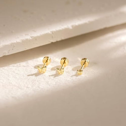 3 Pair Tiny Flat Back Earrings for Women - 14K Gold/White Gold Plated Dainty Cute Small Screw Flatback Stud Earring, Everyday Wear Gift - color: Butterfly Flat-4/5/6mm Gold