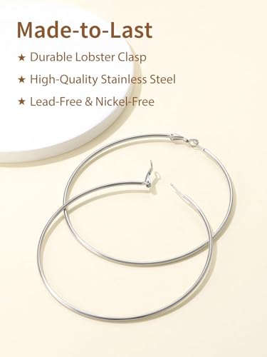 FindChic Thin Hoop Earrings for Women,Silver/Black/Gold Plated 20-100mm - color: Silver, size: 90mm