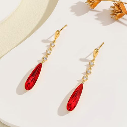 VONSSY Austrian Crystal Teardrop Drop Dangle Earrings Gold Plated Silver Post Zircon Gemstone Jewelry Gift for Woman Girlfriend Mom Wife - color: Red