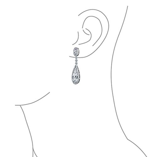 Long Cocktail CZ Halo Teardrop Chandelier Clip On Earrings Silver Plated - color: Clear Apr