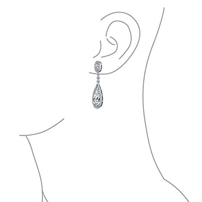 Long Cocktail CZ Halo Teardrop Chandelier Clip On Earrings Silver Plated - color: Clear Apr