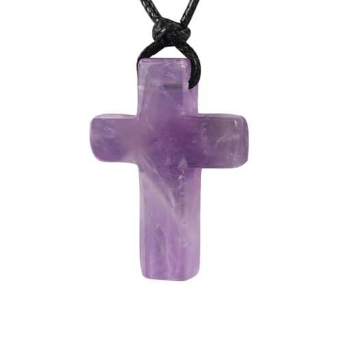 FANASY Natural Gemstone Pendant Necklace for Men Healing Crystal Pendant Adjustable Black Rope Necklace Jewelry Gifts for Women Men - color: X- Cross Amethyst