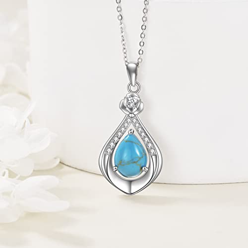 VONALA Sterling Silver Necklace Moss Agate/Turquoise/Larimar/Aquamarine/Opal/Black Onyx/Rose Quartz/Moonstone Pendant Teardrop Necklace Jewelry Gift for Women - style: Turquoise