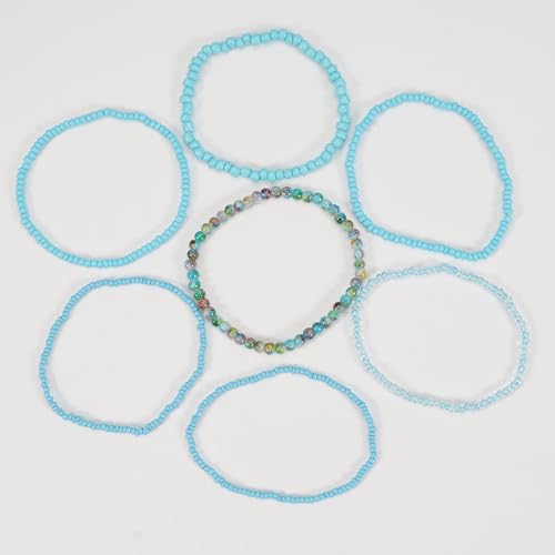 Boho Colorful Stackable Crystal Glass Beads Stretch Bracelets Multilayered Bracelets for Women Bohemian Jewelry - color: Blue 7pcs