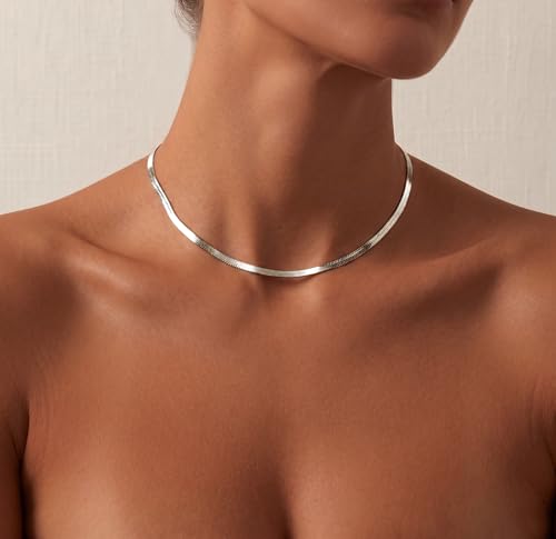 WomenGifts 14K Gold Silver Plated Herringbone Necklace for Women, Dainty Snake Chain Choker, Trendy Simple Long Layered Jewelry Non Tarnish, 3/4/5/8mm,14,16,18,20,22,24,26 Inch Thin & Chunky Options - color: Silver, style: 3mm-14inch