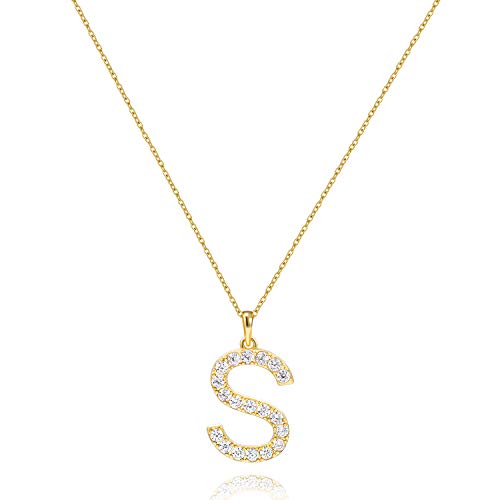 Tarsus Initial Cubic Zirconia Necklace for Women Teens | Jewelry Gifts for Women Adjustable Chain 18" + 2" - style: Gold-S-Diamond style