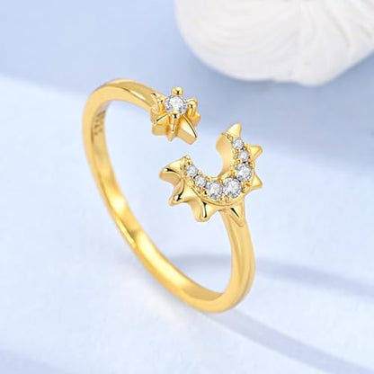 925 Sterling Silver Adjustable Rings for Women 14K Gold Plated Thumb Rings | Stackable Statement Eternity Rings Dainty Starfish Star Moon Heart Lucky Open Ring Trendy Jewelry Birthday Gifts for Ladies - color: Gold Star Moon Ring