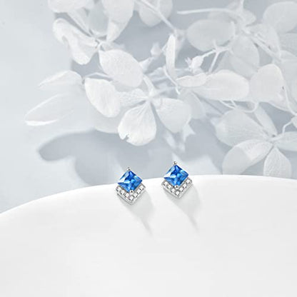 Birthstone Stud Earrings Sterling Silver Square Created Crystal Earrings Cubic Zirconia Hypoallergenic Piercing Jewelry Small Gifts for Women Mothers - color: Dec-Topaz