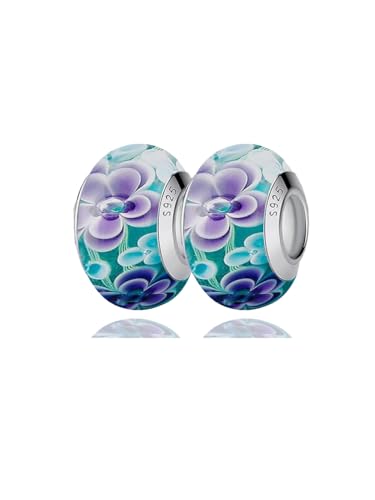 2pcs Authentic 925 Silver Murano Glass Flower Charms for Pandora Bracelets - color: 01-Purple flowers