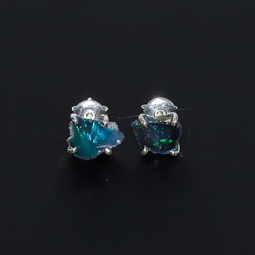 A++ Natural Black Opal Studs Earring Pair for Women, Gemstone Crystal, Push Backs, Birthstone, Raw Stone, Gift Jewelry, Silver Plated Brass