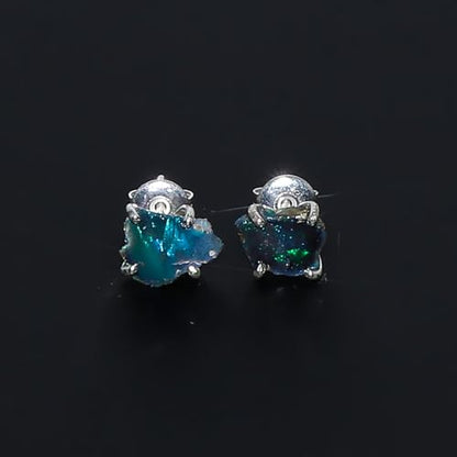 A++ Natural Black Opal Studs Earring Pair for Women, Gemstone Crystal, Push Backs, Birthstone, Raw Stone, Gift Jewelry, Silver Plated Brass