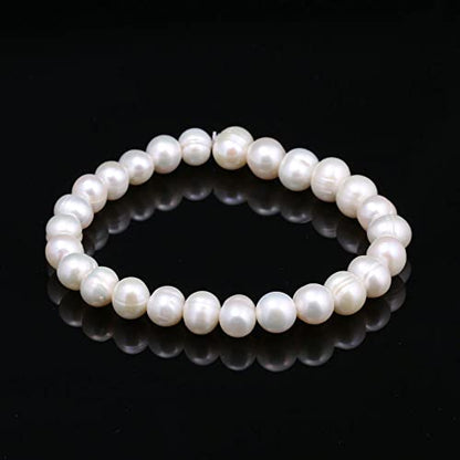 Handmade Women's Pearl Bracelet 7-8mm Freshwater Cultured Pearl Elasticated Bracelet Length 7.5In - color: White